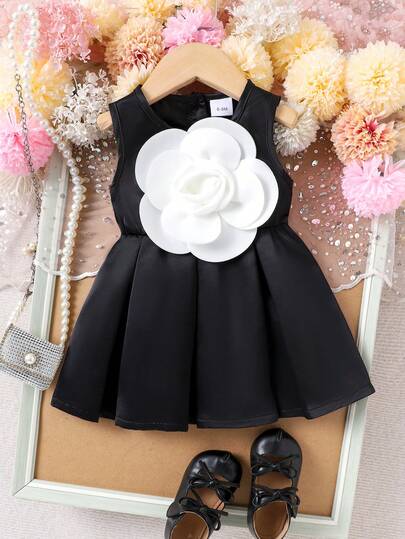 1pc Elegant Luxury Sleeveless Black Dress For Baby Girls, Spring/Summer