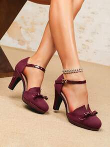 Sapatos de Salto Alto Femininos com Decoração de Laço, Design de Corte em V, Vazado, Cinta no Tornozelo, Plataforma, Veludo Bordô, Sapatos para Festa/Casamento, Sandálias de Salto Alto Bordô Vazadas, Saltos Altos Bordô - Vinho - Visão 1