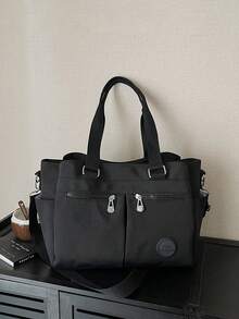 1pc Black Casual Minimalist Multi-Zipper Pocket Adjustable Shoulder Tote Bag, Large Capacity Foldable Shoulder Bag Suitable For Women's Work, Daily Life, Commuting, Social Gatherings, Outdoor Shopping, Travel, Can Be Used As Diaper Bag, Student Tutoring Bag, Mother's Day Gift, Fashion Item - Black - View 4