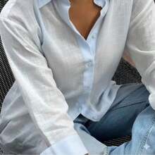 Women's Linen Blouse – Lightweight, Natural And Elegant. Buttons Down The Front. - Màu xanh nhạt - Xem 1