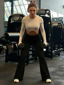 Women's Sporty Slim Fit Flared Pants, Fashion Versatile Double Waistband Skinny Leggings, Slimming Casual Trousers - Black - View 4