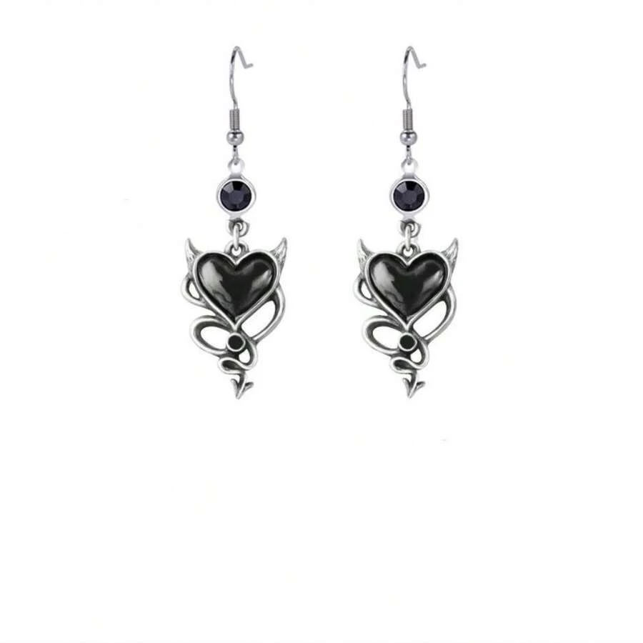 Retro Dark Gothic Style Devil Heart Pendant Earrings, Unique And Fashionable Punk Heart-Shaped Earrings, Suitable For Holidays, Parties, And Everyday Wear As Jewelry Gifts. - màu đen - Xem 1