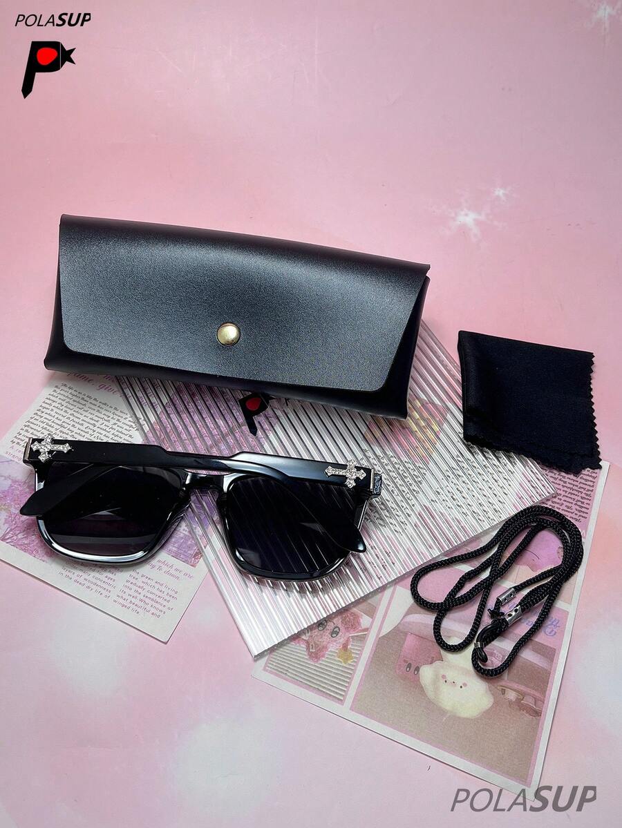 Diamond Heart Cross 1副女士高端时尚方形镜框眼镜，新款个性化复古欧美风格眼镜，女士户外驾驶防晒眼镜，运动骑行眼镜，饰有心形和十字架水钻，包含（眼镜盒+眼镜布+眼镜带）