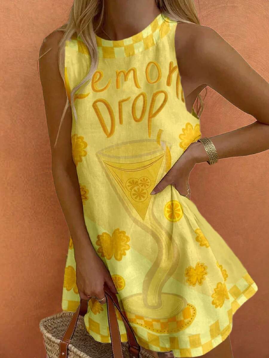 Sea Starshine Bohemian Style Summer Beach Casual Vacation Comfortable Women Lemon Cup Letter Contrast Plaid Leaf Pattern Sleeveless Dress, Brunch Outfit - Yellow - View 1