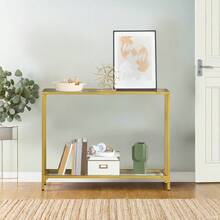 Narrow Console Table | 100cm Golden Color Metal Corridor Table, Small Exhibition Table, Space-Saving Design Suitable for Entrance and Corridor, Multifunctional Use by HOOBRO - Golden - Übersicht 1