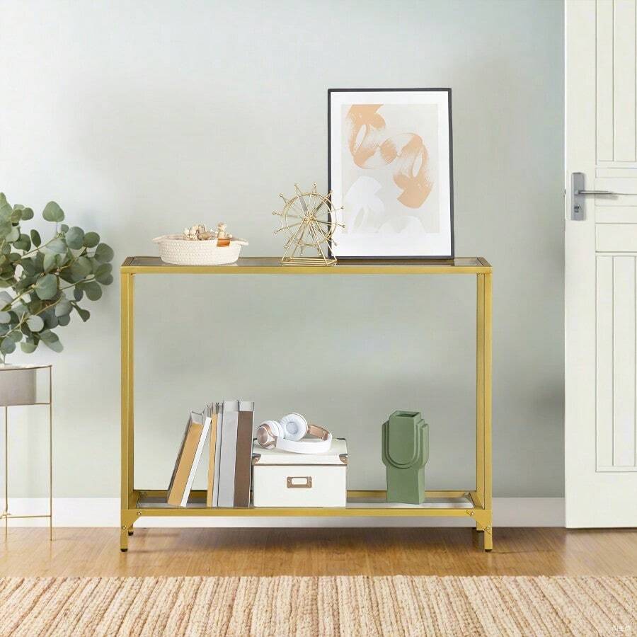 Narrow Console Table | 100cm Golden Color Metal Corridor Table, Small Exhibition Table, Space-Saving Design Suitable for Entrance and Corridor, Multifunctional Use by HOOBRO - Golden - Übersicht 1