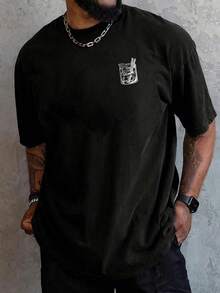 男士休闲字母印花圆领短袖T恤 - 黑色 - 查看 2