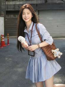 Casual Commuter Striped Front Button Waist Cinched Dress - Blue - View 5