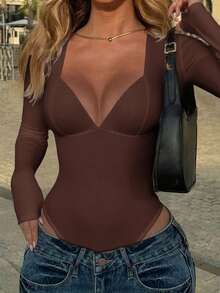 Vaiaye Women's Sexy Y2K Jumpsuit, V-Neck Long Sleeve Fitted Black Bodysuit, Suitable For Valentine's Day Wear, Spring/Summer - Brown - View 5