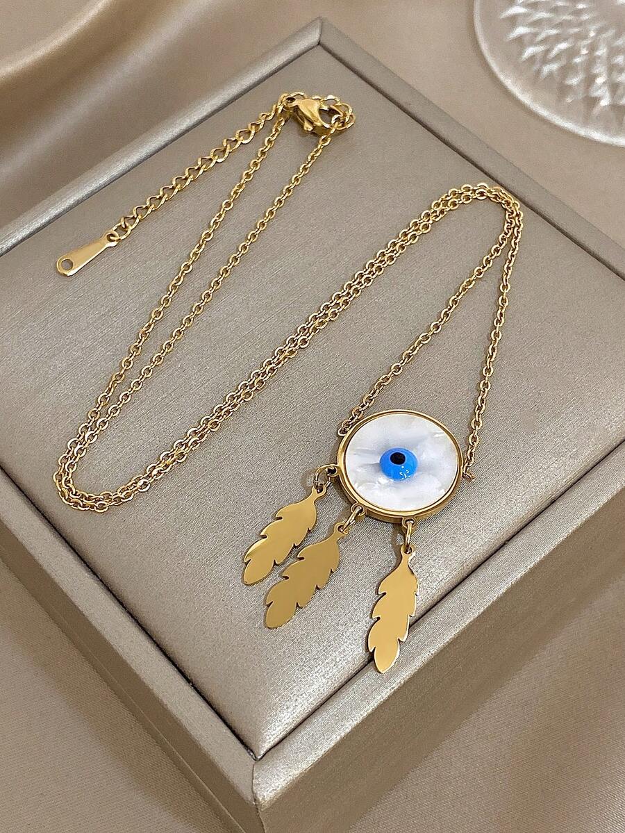 邪眼羽毛吊坠项链，金色链条项链，配蓝色眼睛吊坠和羽毛流苏，简约护身饰品，适合日常佩戴、派对和送礼，男女皆宜，情人节礼物 - 彩色 - 查看 1