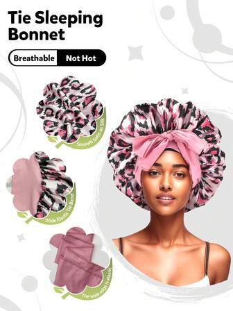 Women's Leopard Print Sleep Bonnet - Premium Silk Satin Hair Bonnet With Adjustable Tie Band For Curly Hair