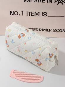 1pc Beige Floral Bow Bear Rabbit Quilted Makeup Bag, Large Capacity Portable Zipper Makeup Pouch, Suitable For Travel & Vacation, Can Store Sanitary Pads, Keys, Phones, Chargers, Lipsticks, Cosmetics, Perfumes, Makeup Brushes, Ideal Storage For Skincare & Beauty Products, Suitable For Women, Students, Girls, Also A Perfect Gift For Holidays & New Year - Beige - View 12