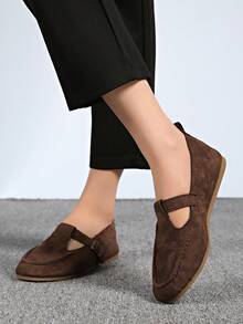 Japanese Style Mary Jane Shoes For Women, Square Toe Flat Slip-On Loafers, Versatile, Spring/Autumn - Brown - View 6