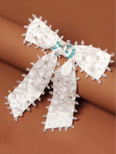 1pc Elegant Large Black Fabric Bow Hair Clip, Satin Beaded Wedding Hair Accessory