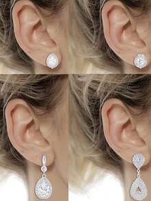 6件套优雅奢华镀银金属镶嵌AAA+级立方氧化锆水滴/簇状/叶形夹式耳环套装，是婚礼、派对和庆典的理想之选。 - 款式C - 查看 6