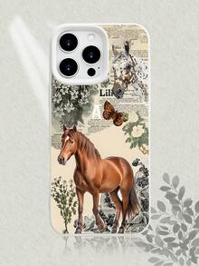 Vintage Horse & Floral Print Phone Case With Butterfly, Retro Newspaper Collage Design, Skin - Friendly Touch, Shockproof & Scratch - Resistant, Stylish & Premium Cover For IPhone 17/16/15/14/13/12/11 Series - 白色 - 查看 7
