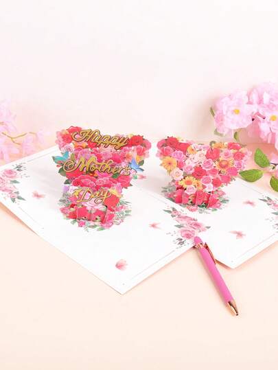 1PC Heart-Shaped Floral Pattern Foil-Stamped Greeting Card, Exquisite Mother's Day Card For Gift Giving And Gift Decoration (With Envelope)