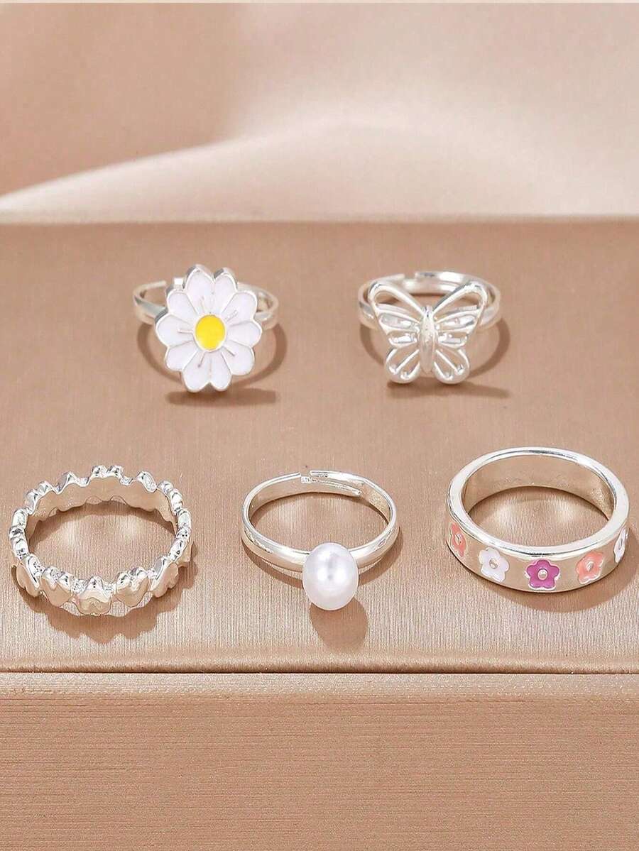 5pcs Adjustable Pearl Rings Set - Includes Butterfly, Daisy And Heart Rings, Perfect Gift Choice