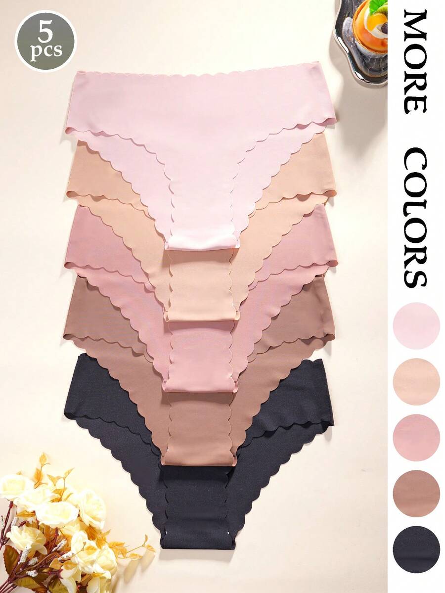 5pcs/Pack Women's Seamless Triangular Panties, Comfortable Silk-Like Fabric, Wavy Hem Solid Color Simple Ladies' Home Triangular Briefs - Multicolor - View 1