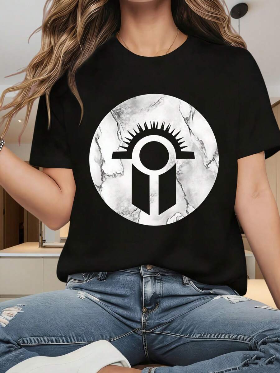 Women's Round Neck Short Sleeve T-ShirtBlack T Shirt With Marble Circle Design And Sunburst Logo Graphic Fashion Casual Top For WomenFun Prints Are Suitable For Christmas Partysports Activitiesholiday Partiesoutingssports And Other Holiday Gifts (220g). - 白色 - 查看 1