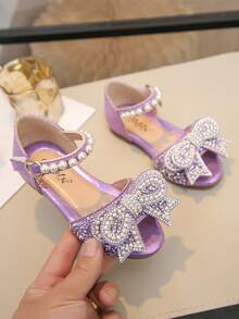 1 Pair Children's Sandals With Rhinestone, Pearl, Bow Decor, Gilly PU Patchwork Round Toe, Flat, Suitable For Daily Wear, Dance, Outdoor, Festivals, Parties, Glitter Princess Shoes, Fit For Spring, Summer, Autumn - Purple - View 3