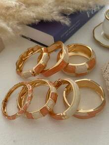 1pc Luxury Orange Textured Niche Design Metal Edged Stackable Bracelet For Women - Multicolor - View 8