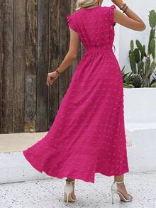 Women Summer Maxi Dress Swiss Dot V Neck Ruffle Cap Sleeve Tie Waist Wrap Ruffle Split Hem Long Dress Bohemia Boho Beach Holiday Vacation Valentine Flowy Long Midi Dress Outfits - 玫紅色 - 查看 2