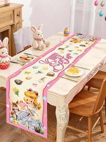 1pc Happy Easter Vintage Cartoon Girl Rabbit Egg Decorative Table Runner, Party Decoration Table Runner, Holiday Gathering Atmosphere Decor - Multicolor - View 2