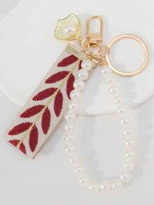 1pc Leaf Jacquard Faux Pearl Decor Fashion Keychain Gifts For Mother, Father, Graduation, And Teacher - Multicolor - View 1