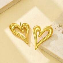 1对18K镀金不锈钢镂空心形耳环，时尚个性珠宝，女士礼品 - 金色 - 查看 6