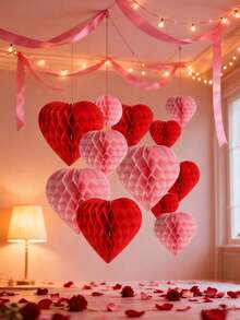 6个情人节蜂窝红色爱心，情人节造型纸蜂窝球，情人节派对装饰蜂窝球，适用于节日、商场、家居、办公室、爱情装饰，粉色和红色纸质爱心蜂窝球，适用于情人节、婚礼派对装饰、生日派对装饰 - 彩色 - 查看 3