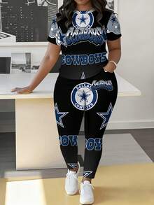 The Dal-Las Cowboys Plus Size Women's Short-Sleeve T-Shirt And Pants Set, Suitable For Football, Includes A Short-Sleeve Shirt And Leggings, And Also Makes An Ideal Birthday_Valentine's Day Gift. 15_15_ (16) - 彩色 - 查看 1