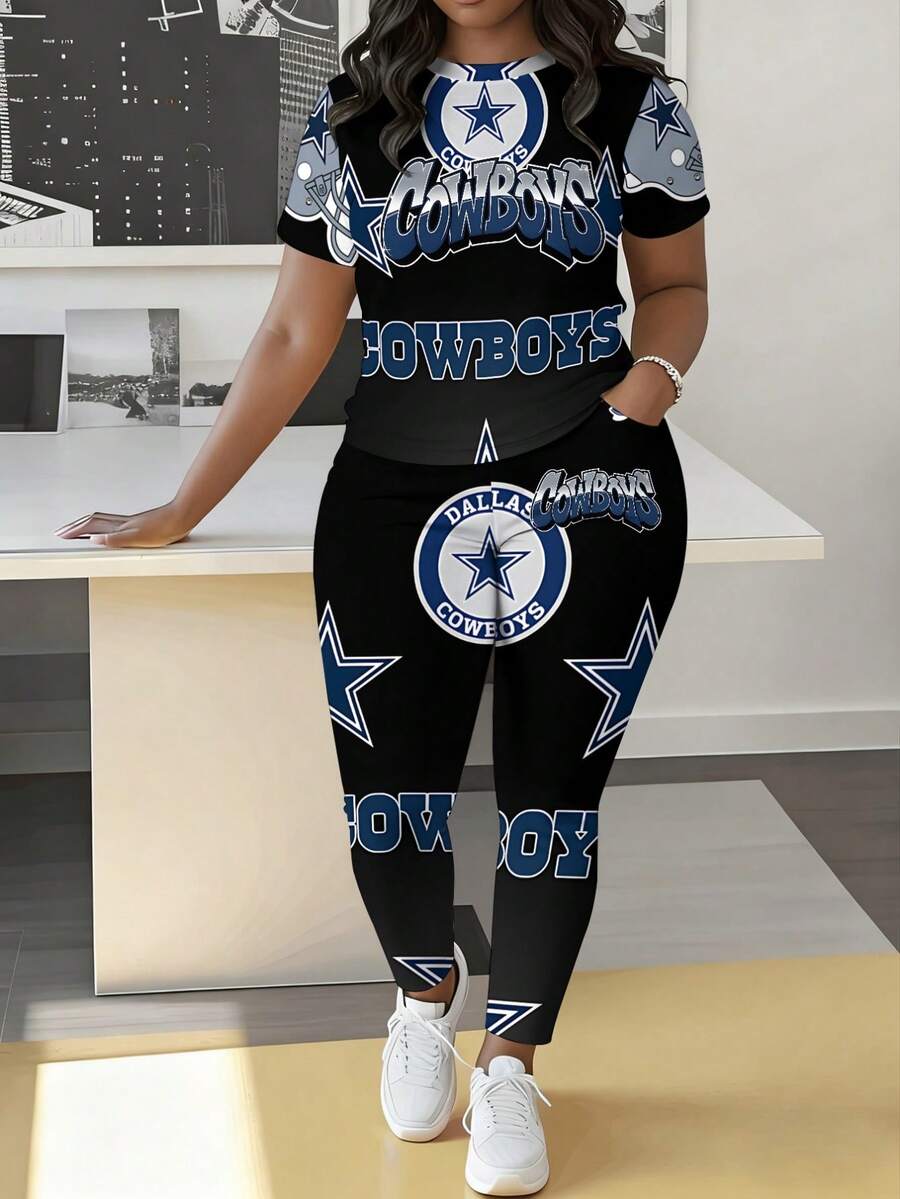 The Dal-Las Cowboys Plus Size Women's Short-Sleeve T-Shirt And Pants Set, Suitable For Football, Includes A Short-Sleeve Shirt And Leggings, And Also Makes An Ideal Birthday_Valentine's Day Gift. 15_15_ (16) - 彩色 - 查看 1