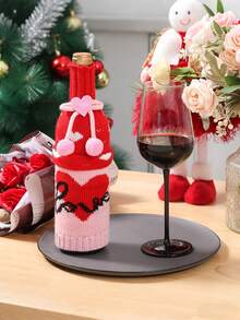 2个粉色爱心蝴蝶结酒瓶套，节日餐厅装饰，情人节葡萄酒瓶套，情人节葡萄酒瓶套装，酒袋，创意香槟酒瓶套，带图案的爱心蝴蝶结酒瓶套，针织酒瓶套，酒店、餐厅、餐桌节日装饰，浪漫礼物，情人节装饰品