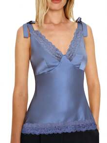 Women's Elegant Silk Satin Tank Top, Fashionable Sleeveless Glossy Blouse, Sophisticated High Neck Formal Office Shirt, Elegant Solid Color Evening Party Vest - 藍色 - 查看 5