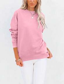 Women's Casual Long Sleeve Color Block/Solid Tops Crewneck Sweatshirts Cute Loose Fit Pullover With - Hồng - Xem 2