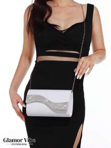 1pc Women's Fashionable & Elegant Diamond Decorated Evening Clutch Bag, Sparkling Rhinestone Embellished Flap Handbag, Detachable Metal Chain Shoulder Strap, Suitable For Party, Romantic Wedding, Prom, Nightclub, Birthday Gift, Formal Dress, Valentine's Day, Holiday - White - View 8