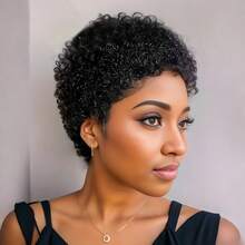 Lolely Dream Pixie Cut Afro Curly 100% Human Hair Wig Short Pixie Cut Natural Black Color Machine Human Hair Kinky Curly Wigs For Women 99j Black 30 27 Color For Women Daily Party Use Wig Pixie Cut Wig Short Afro Curly Human Hair Wig Machine Made - Natural Black - View 2