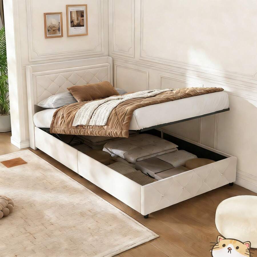 Anajqaqia Struttura letto singolo, letto imbottito 90 x 200 cm, struttura letto, struttura letto con testiera e rete a doghe, contenitore idraulico, letto per ragazzi in tessuto delicato sulla pelle, letto per ospiti, letto singolo idraulico - Beige - Visualizzare 1