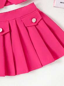 2件套女婴迷人短款开衫上衣+半裙套装，春夏款 - 玫紅色 - 查看 5