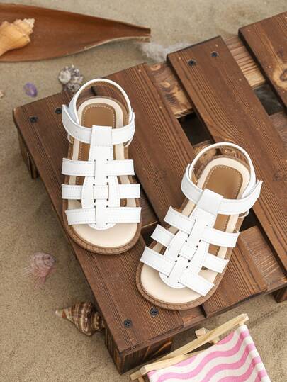 1 Pair Summer Children Flat Sandals, Fashion Woven Criss-Cross Strap Unisex Kids Hook And Loop Roman Sandals