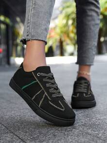 Women's Spring/Autumn New Casual Trainers, Easy To Clean Round Toe Low-Top Sneakers, Flat Comfortable Versatile White Shoes, Color Block Sports Casual Shoes, Retro Style Vulcanized Shoes, Fashionable All Season - Black - View 5