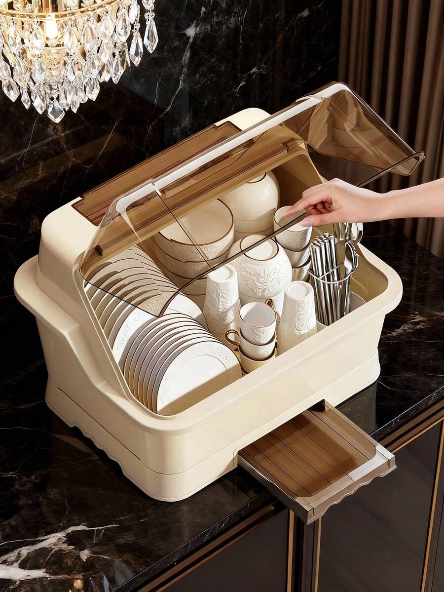 1pc Large Kitchen Draining Bowl Cabinet With Cover, Dish Rack For Bowls, Plates, Cutlery, Home Storage Organizer - Multicolor - View 1