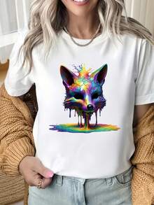 Women's Round Neck Short Sleeve T-ShirtColorful Fox Art Design T Shirt Women Fashion Casual Short Sleeve Top Rainbow Animal Print Graphic Tee BlackFun Prints Are Suitable For Christmas Partysports Activitiesholiday Partiesoutingssports And Other Holiday Gifts (220g). - White - View 5