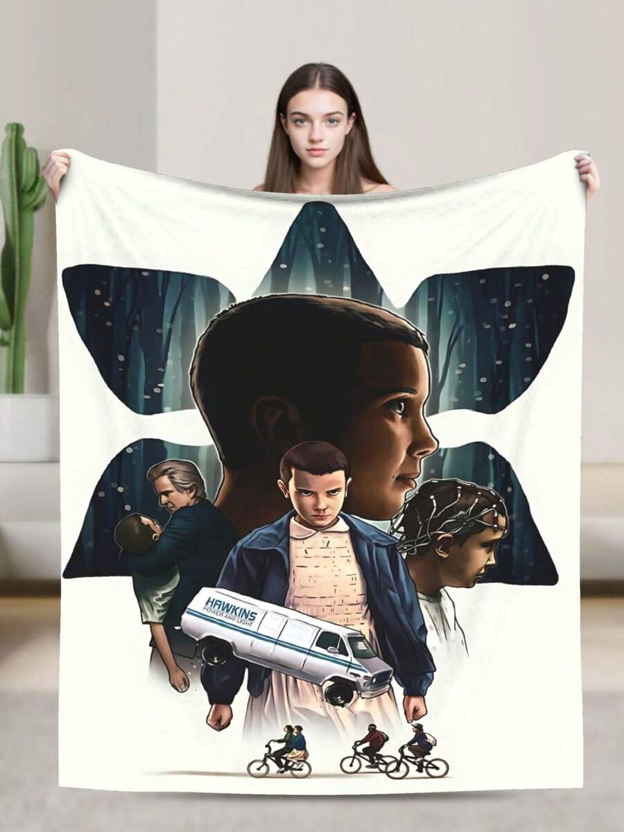 1pcs Soft Personalised Stranger Merch Things Flannel Thick Blanket, Suitable For Sofa, Bed, Living Room, Travel, Office, Shawl, Nap Blanket, Air Conditioning Blanket, Bed Sheet, Camping, Ideal Gift, Daily Gift - 黑色 - 查看 1