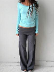 Fold Over Yoga Pants For Women Y2k Solid Color Low Rise Flared Leg Pants Stretchy Wide Leg Bell Bottoms Bootcut Trousers Loose Gym Workout Lounge Leggings - 灰色 - 查看 1