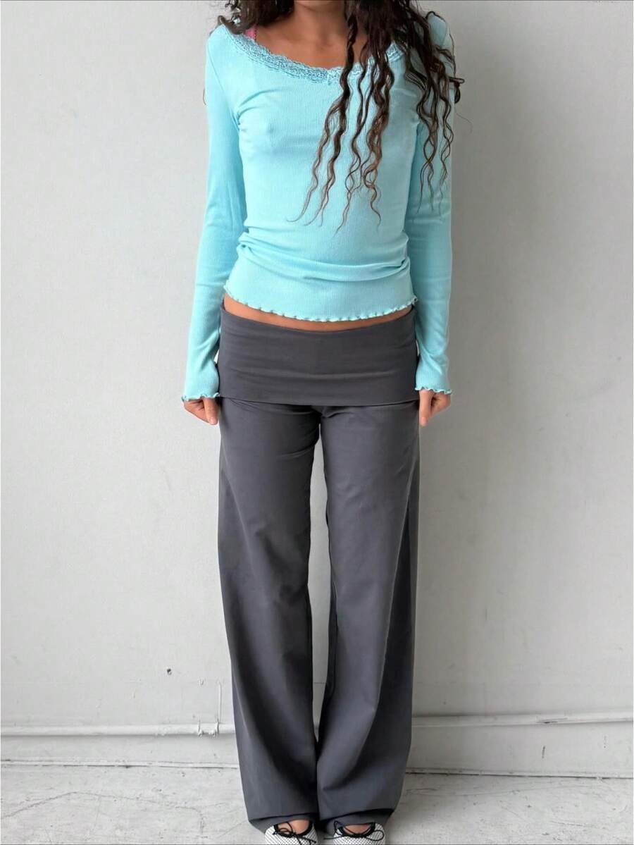 Fold Over Yoga Pants For Women Y2k Solid Color Low Rise Flared Leg Pants Stretchy Wide Leg Bell Bottoms Bootcut Trousers Loose Gym Workout Lounge Leggings - 灰色 - 查看 1