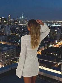 Casual Romantic Holiday Style Hollow Semi-Transparent Design Long Sleeve Bodycon Dress For Women, Spring/Summer - Beige - View 7