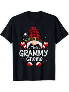 Ugly Christmas Gnome Graphic Tee For Men And Women - Grammy Gnome Design, 180gsm Heavyweight, Short Sleeve Crew Neck, Loose Fit, Festive Party Top With Candy Cane Gnome Print, All Season Casual Wear For Gym, Cycling And Everyday Wear - Fun - 黑色 - 查看 1