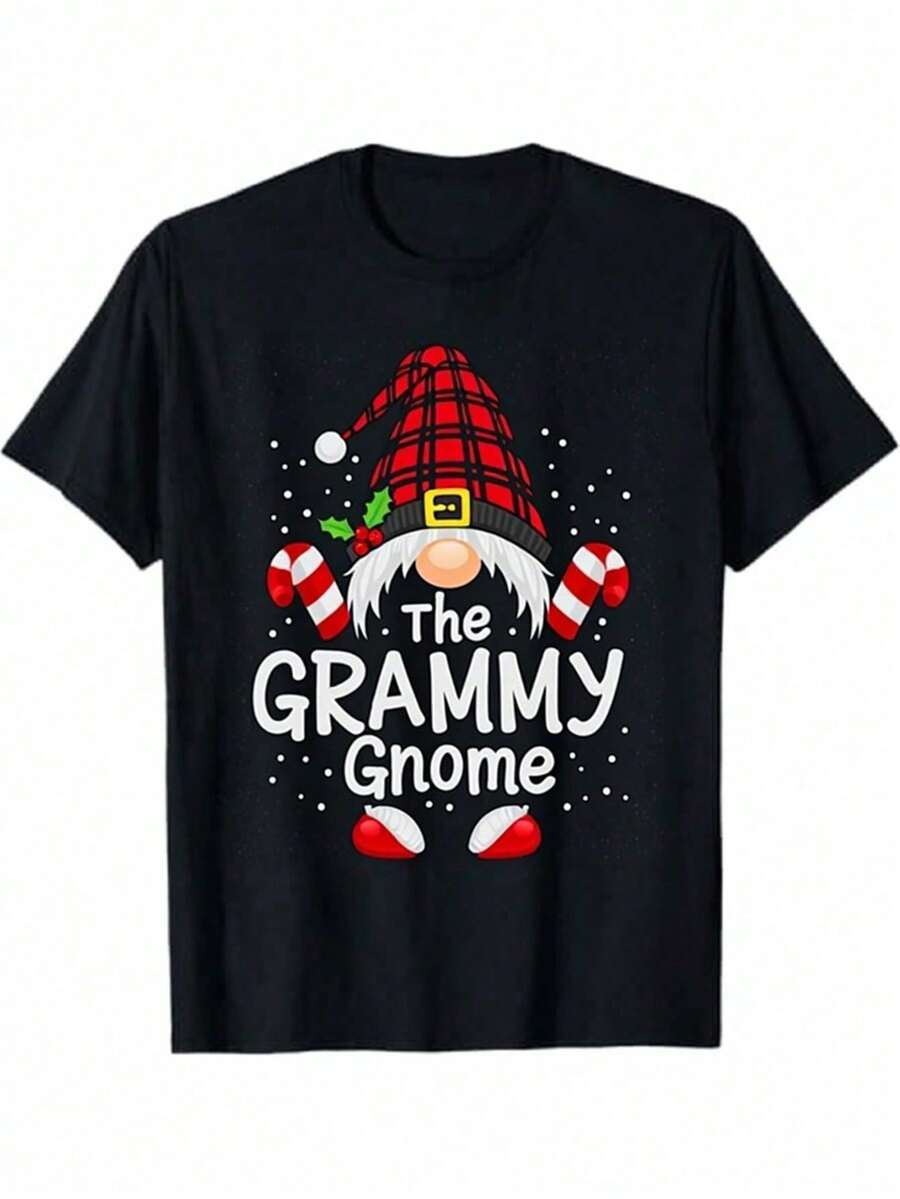 Ugly Christmas Gnome Graphic Tee For Men And Women - Grammy Gnome Design, 180gsm Heavyweight, Short Sleeve Crew Neck, Loose Fit, Festive Party Top With Candy Cane Gnome Print, All Season Casual Wear For Gym, Cycling And Everyday Wear - Fun - 黑色 - 查看 1